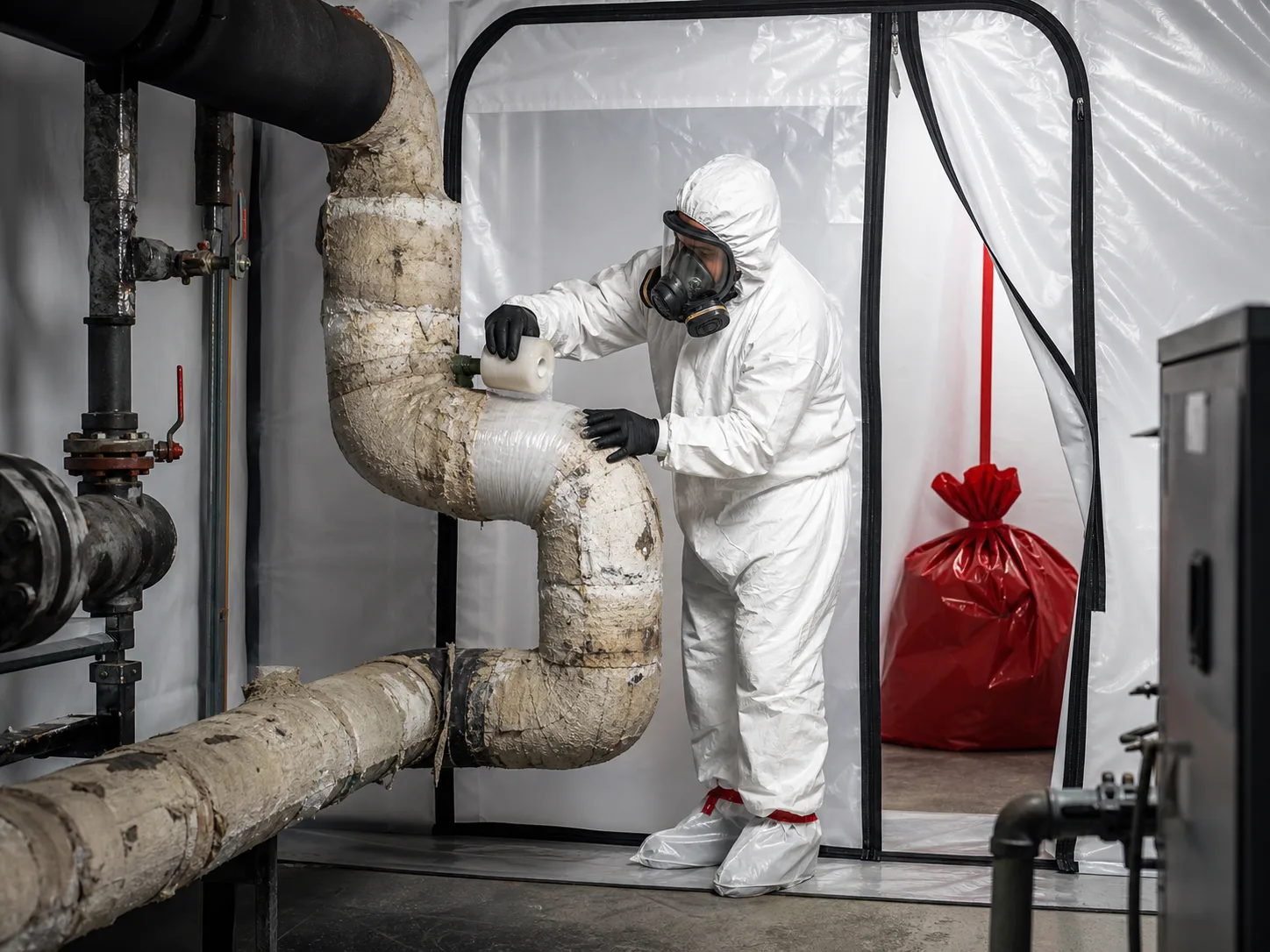 Fully protected technician working inside an abatement enclosure
