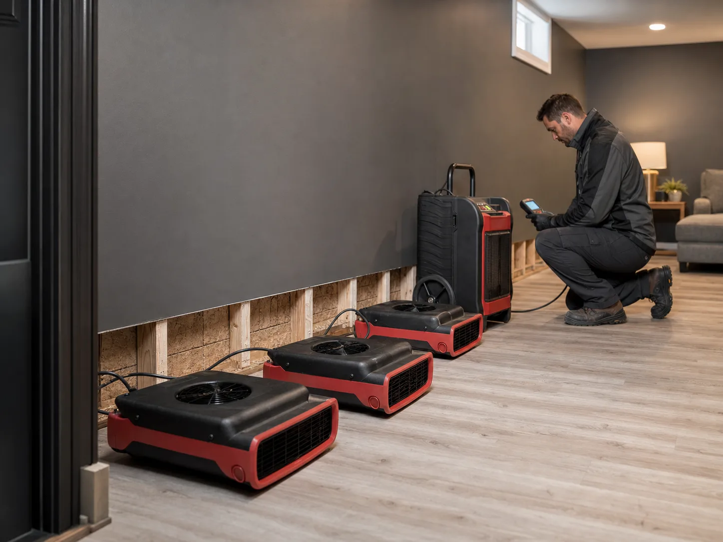 Air movers and a dehumidifier drying a residential basement