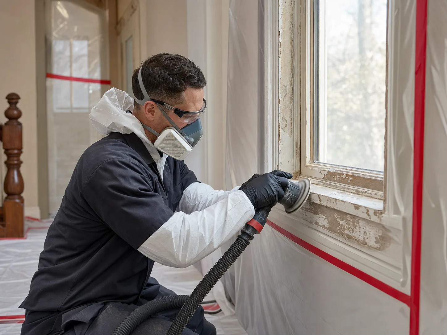 Protected technician safely removing old paint from window trim