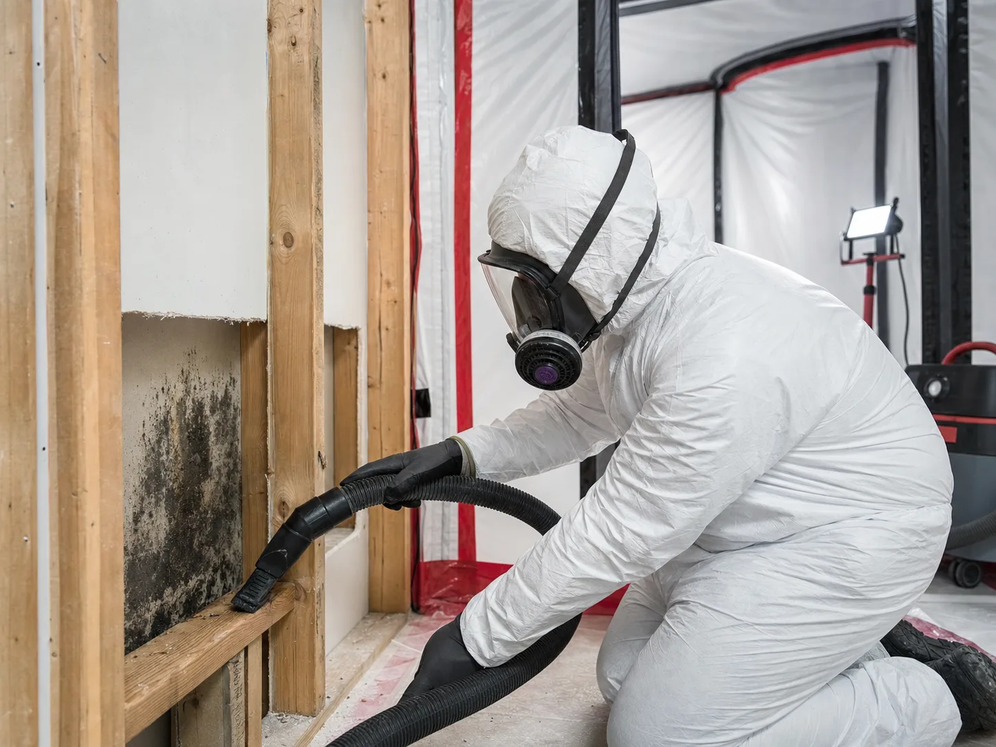 Protected technician performing contained mold remediation