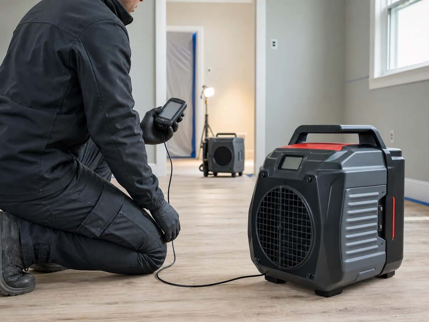 Technician setting up professional odor restoration equipment