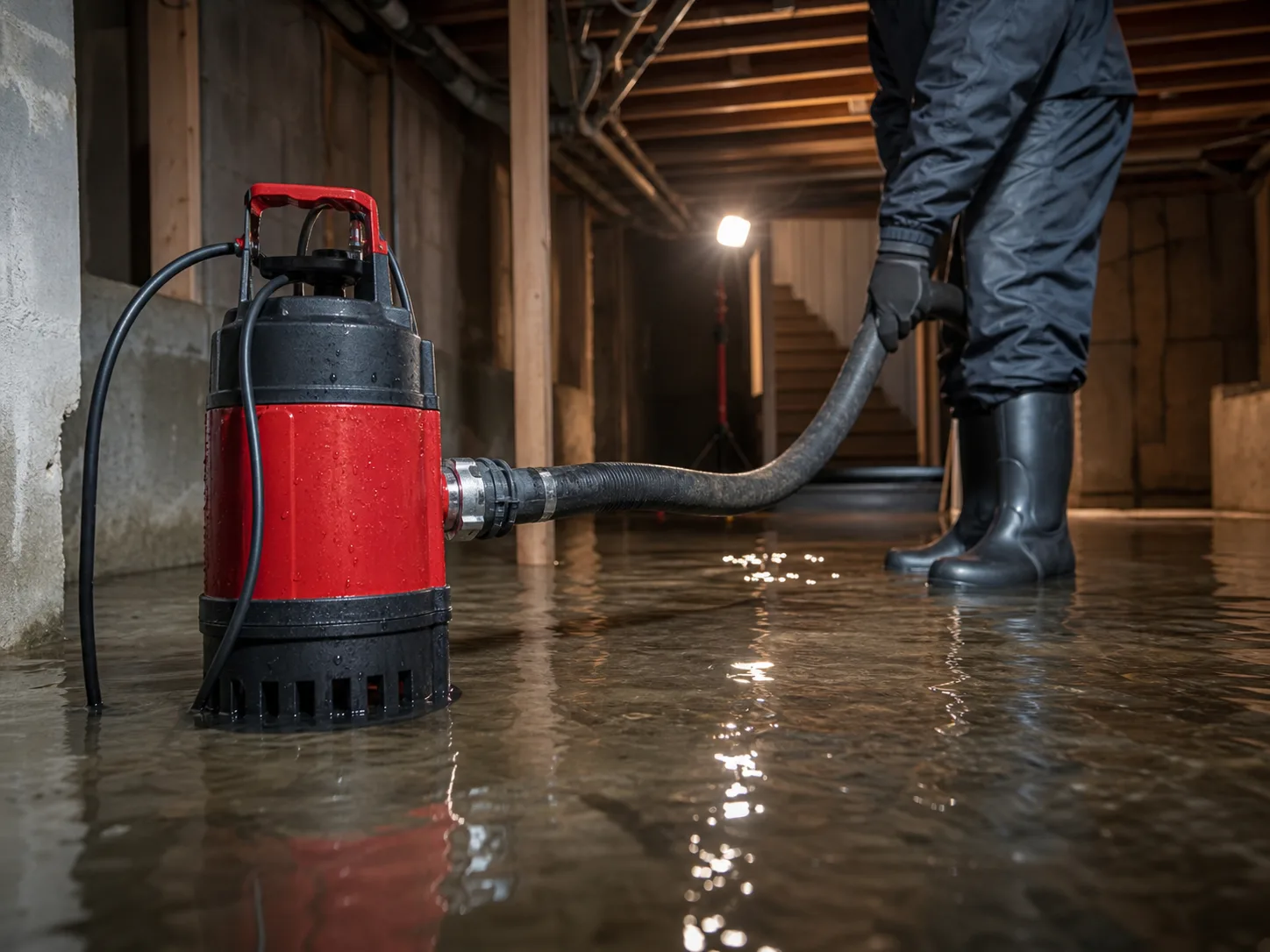 Submersible pump removing standing water from a basement