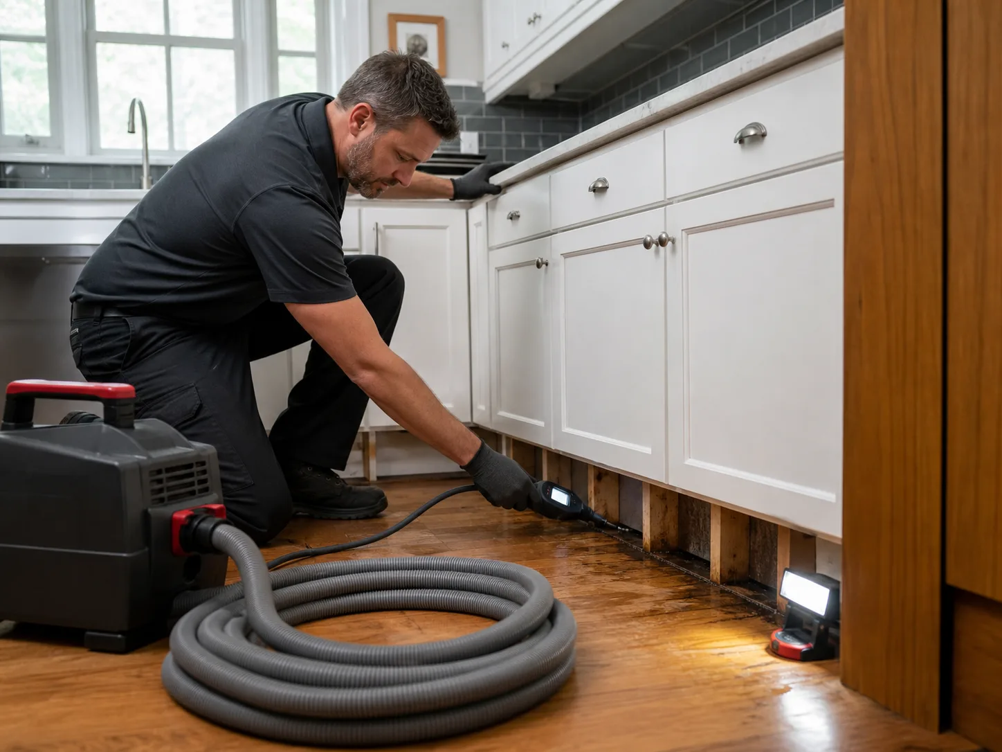 Technician inspecting water damage beneath kitchen cabinets